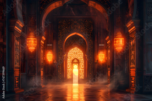 An abstract Islamic interior with a lantern, gate, arches, and door, suitable for greeting cards, banners, and invitations for Muslim holidays