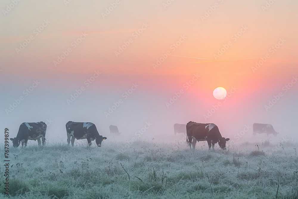 Panorama of grazing cows in a meadow with grass. Sunrise in a morning fog. Livestock grazing, cows in field. Agriculture industry, farming and animal husbandry concept Panorama of grazing cows in a meadow with grass. Sunrise in a morning fog. Livestock grazing, cows in field. Agriculture industry, farming and animal husbandry concept