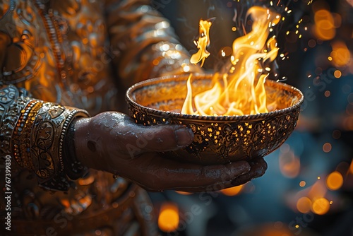 A bowl of fire is in the hands of a man and sparks from the fire scatter around. Concept: religion and festive events, cultural and spiritual rituals. ideas of inspiration and creativity.