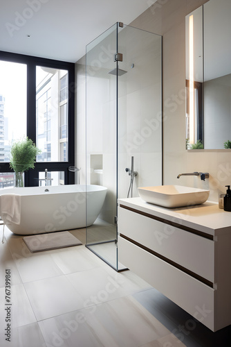 Stylish White Bathroom with Modern Fittings and Sunlight - Contemporary Interior Design Photography © Theresa