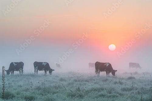 Panorama of grazing cows in a meadow with grass. Sunrise in a morning fog. Livestock grazing, cows in field. Agriculture industry, farming and animal husbandry concept