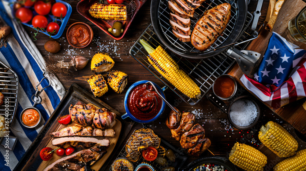 Fourth of July barbecue setup flat lay with grilling tools meats and corn on the cob. - obrazy, fototapety, plakaty 