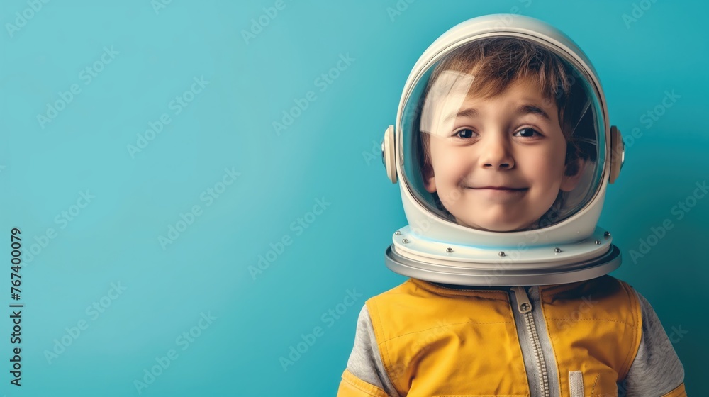Portrait of a smiling little boy in a spacesuit on a blue background with copy space. International Day of Human Space Flight Portrait of a smiling little boy in a spacesuit on a blue background with copy space. International Day of Human Space Flight