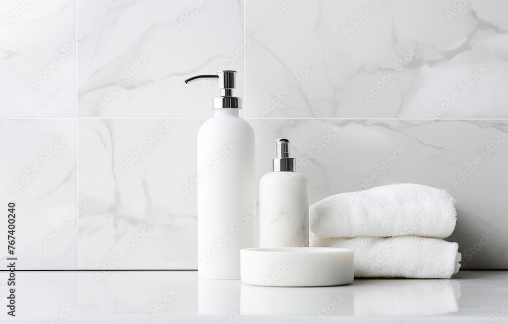 Soap, shampoo bottles on white marble sink shelf in light bathro Soap, shampoo bottles on white marble sink shelf in light bathro