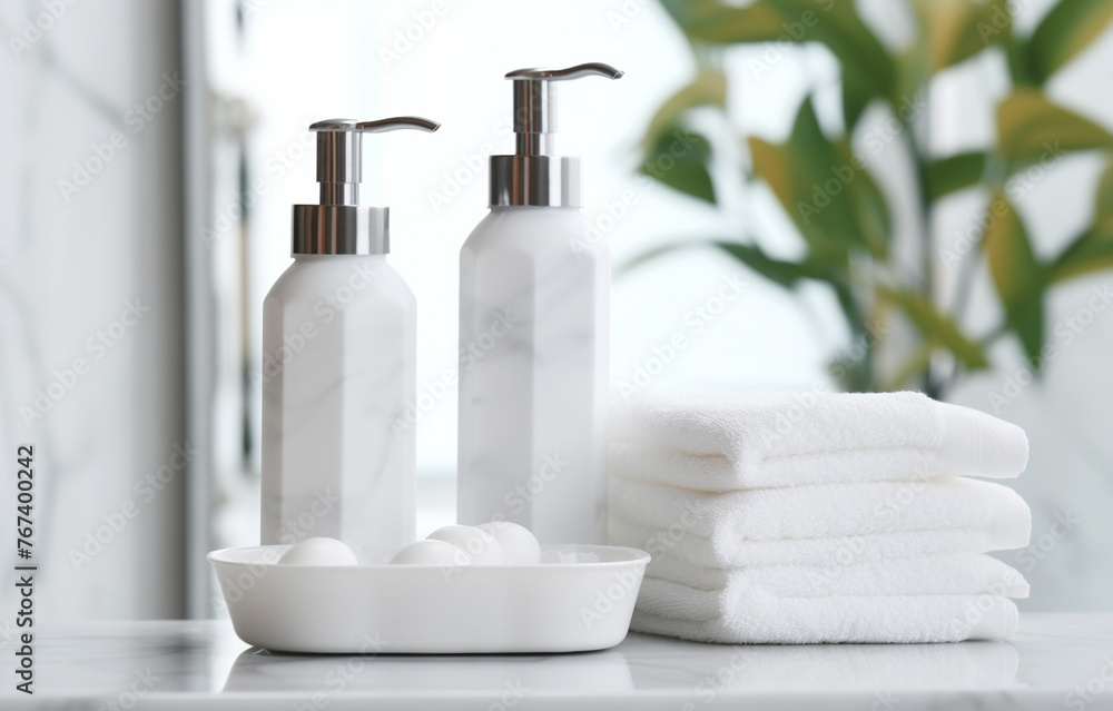 Soap, shampoo bottles on white marble sink shelf in light bathro Soap, shampoo bottles on white marble sink shelf in light bathro