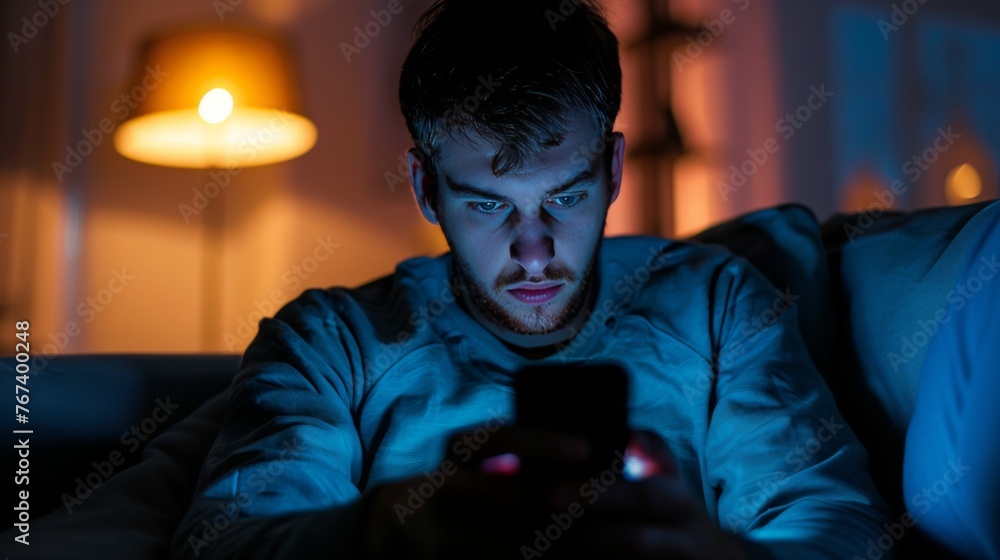 Young Man Using Smartphone in Dark Room at Night Young Man Using Smartphone in Dark Room at Night
