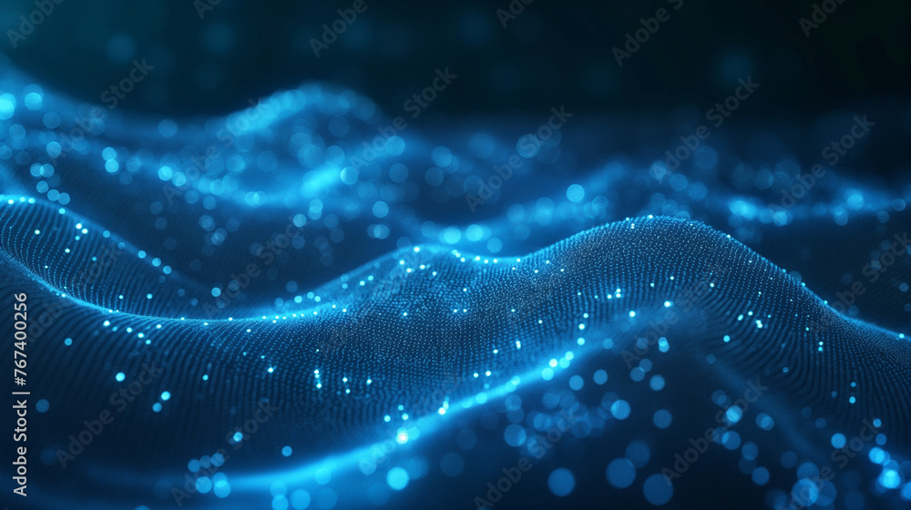 Fototapeta premium Wave of dots and weave lines. Abstract blue background for design on the topic of cyberspace, big data, metaverse, network security, data transfer on dark blue abstract cyberspace background. futurist