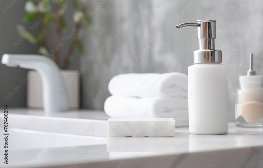 Soap, shampoo bottles on white marble sink shelf in light bathro Soap, shampoo bottles on white marble sink shelf in light bathro