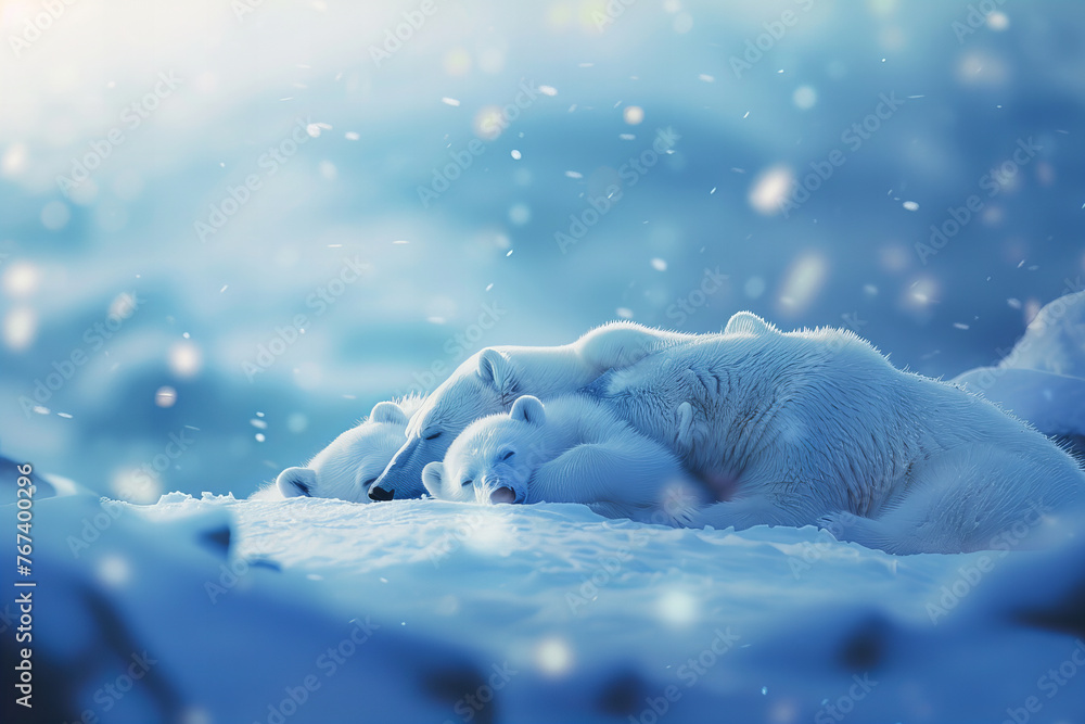 Arctic Serenity: Polar Bear Family Cuddle in Snowy Wonderland Banner