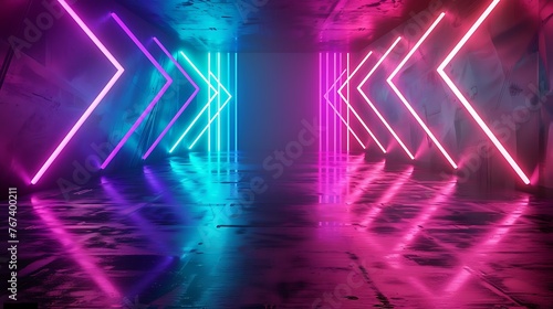 Abstract background with neon lights of green blue pink violet colors glowing in arrowhead lines pattern on shiny reflecting stage. Generative Ai