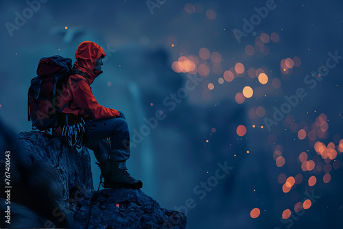 Solo Adventurer Contemplates the Vast Mountainous Expanse at Dusk Banner