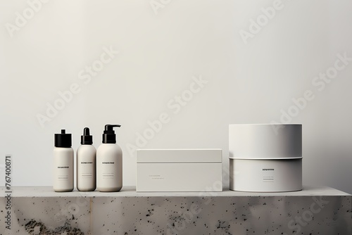 A minimalist setup of skincare containers, with unbranded labels providing ample space for unique customization and branding. photo