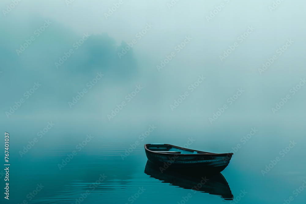 Serene Misty Lake Solitude with Lone Boat in Blue Haze Banner
