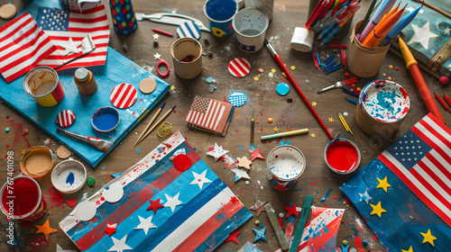 Fourth of July crafting session flat lay with homemade flag-making materials stickers and paint.