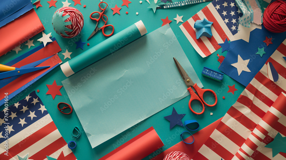 Fourth of July craft project flat lay with colored paper scissors and glue. - obrazy, fototapety, plakaty 