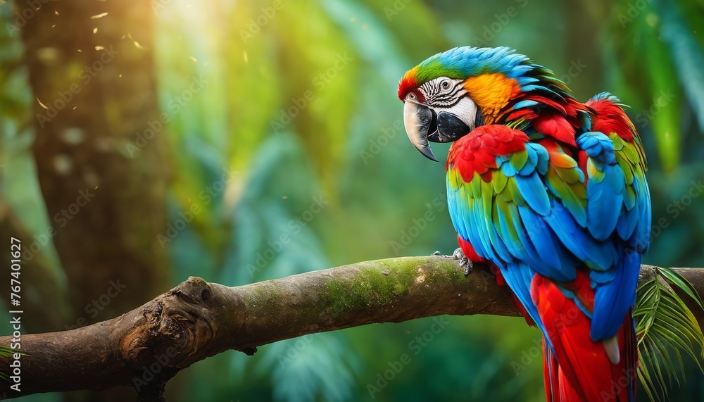 A colorful macaw perched gracefully on a tree branch, its vibrant plumage stands out against the lush green backdrop of a tropical forest.