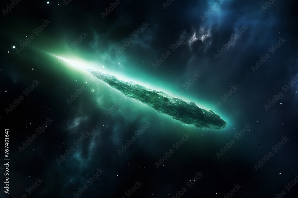 A sizable green object stands out amidst a backdrop of twinkling stars in the vast expanse of space. A sizable green object stands out amidst a backdrop of twinkling stars in the vast expanse of space.