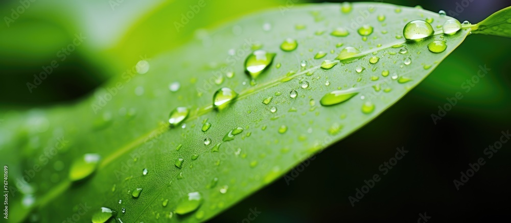 Capture the intricate details of a single leaf showcasing small water droplets on its surface Capture the intricate details of a single leaf showcasing small water droplets on its surface