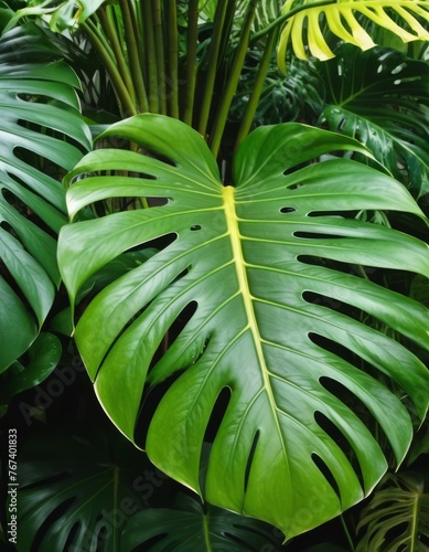 Close-up of a single monstera leaf, with its iconic split patterns and lush green color, ideal for botanical themes.