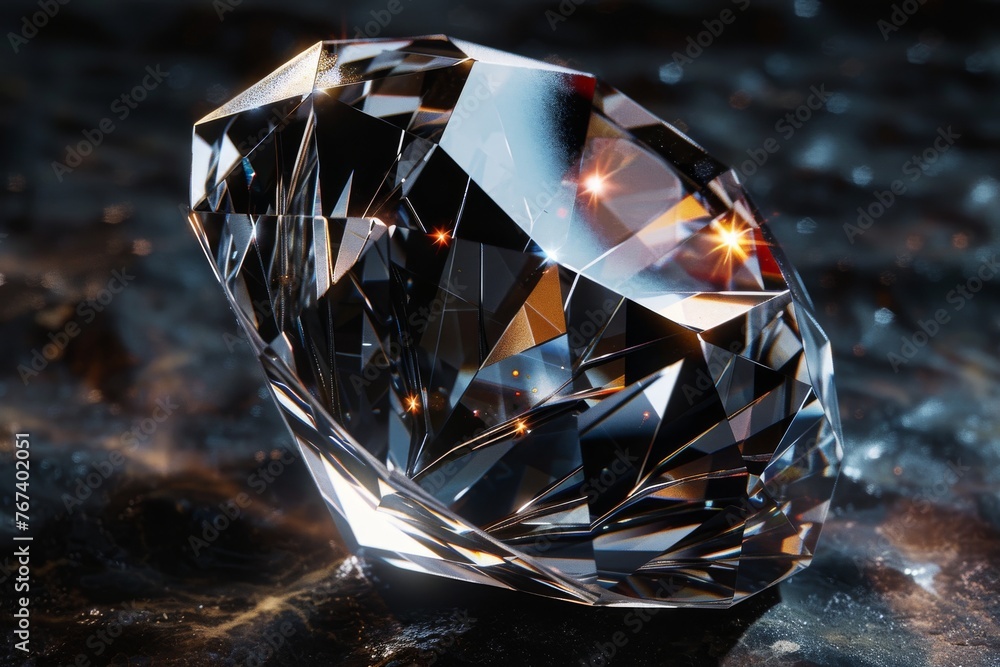 Brilliantly cut diamond captures and reflects light, showcasing its multi-faceted surface and fiery sparkle on a dark, textured background Brilliantly cut diamond captures and reflects light, showcasing its multi-faceted surface and fiery sparkle on a dark, textured background