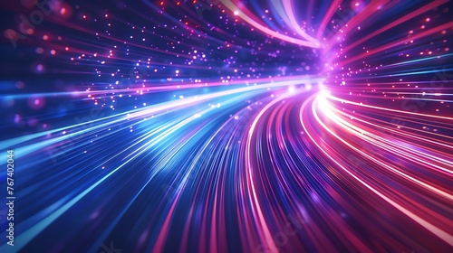 High speed effect motion blur night lights blue and red. Futuristic neon light line. bright sparkling background. Purple glowing wave swirl, impulse cable lines. Long time exposure. Generative Ai © mahaart