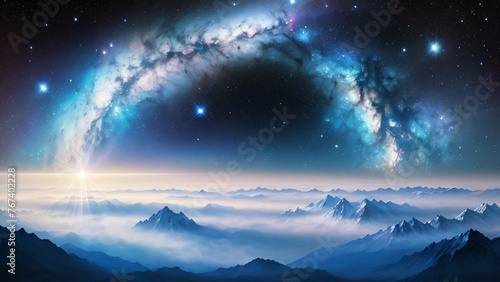 The magnificent mountain clouds and the Bridge Nebula galaxy in the night sky