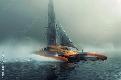 Futuristic Orange Sailboat Speeding Through Misty Waters Banner