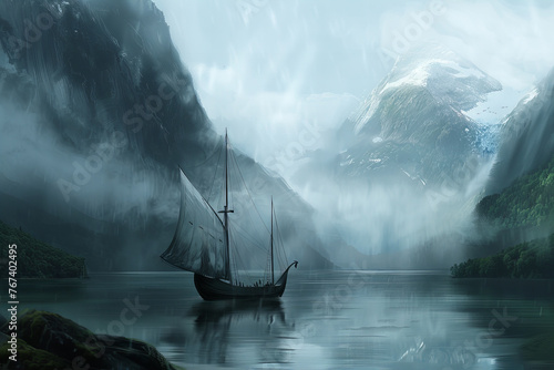 Mystical Voyage: Serene Waters and Mist-Enshrouded Mountains Banner