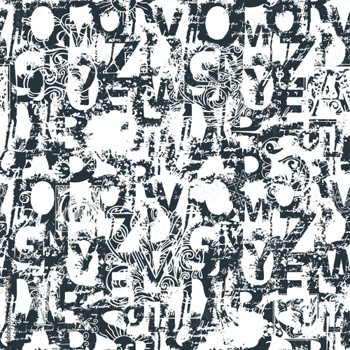 Seamless pattern with alphabet letters in black and white paint splashes, blots and handwritten text. Abstract vector background with latin letters. Suitable for wallpaper, wrapping paper