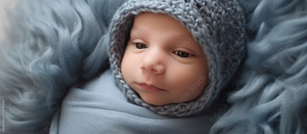 A gentle baby is wrapped in a soft blue blanket, wearing a cozy knitted hat to stay warm and comfortable A gentle baby is wrapped in a soft blue blanket, wearing a cozy knitted hat to stay warm and comfortable