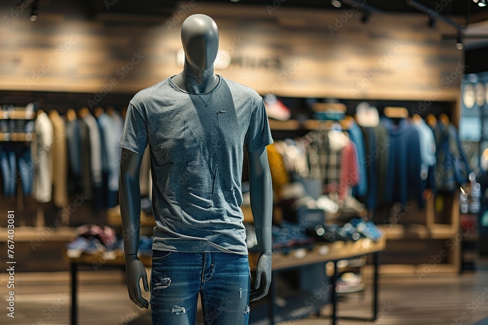 Mannequin wearing in jeans and t-shirt on showcase in store Mannequin wearing in jeans and t-shirt on showcase in store