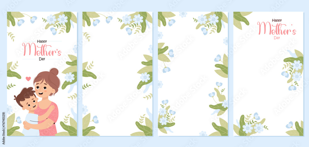 Happy Mother's Day set posters. Cute mother tenderly hugs his son on white background with blue flowers and leaves. Vertical isolated festive floral banners. Vector illustration