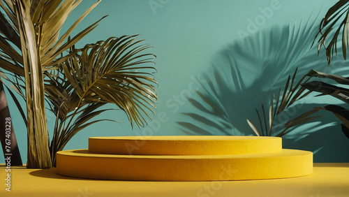 Yellow podium product background 3d summer display platform nature minimal. Product stand yellow background podium 3d tropical stage scene palm beauty mockup cosmetic abstract table autumn food banner