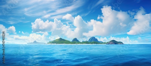 Beautiful ocean water with blue sky, clouds and tropical island. Panoramic view for summer vacation. Natural landscape. © Alpa