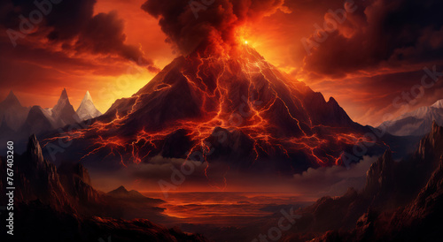 Volcano erupting in cloudy sky