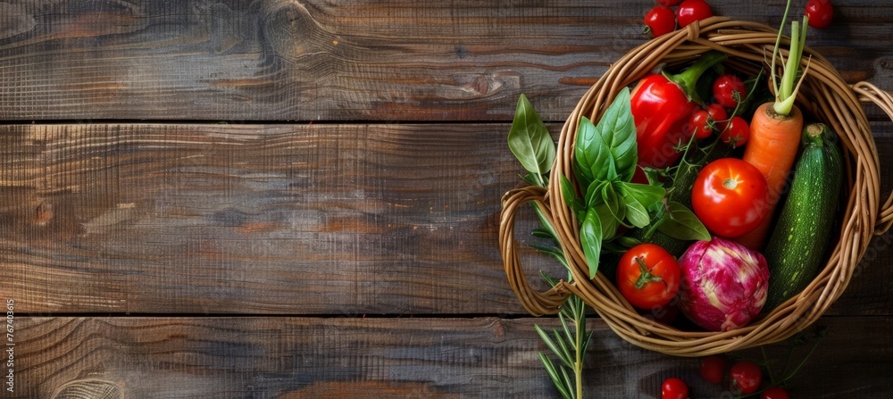 Organic vegetables and herbs in wicker basket on neutral background, with space for text. Lifestyle. Farming. For poster banners, web, ads, backgrounds, wallpapers Organic vegetables and herbs in wicker basket on neutral background, with space for text. Lifestyle. Farming. For poster banners, web, ads, backgrounds, wallpapers