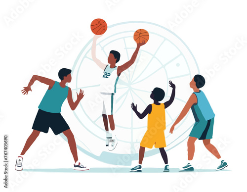 Jeune joueur de basket-ball en séance d’entraînement. Équipe de basket-ball des jeunes faisant rebondir des balles sur un terrain de sport. Groupe d’enfants s’entraînant au basketball ensemble