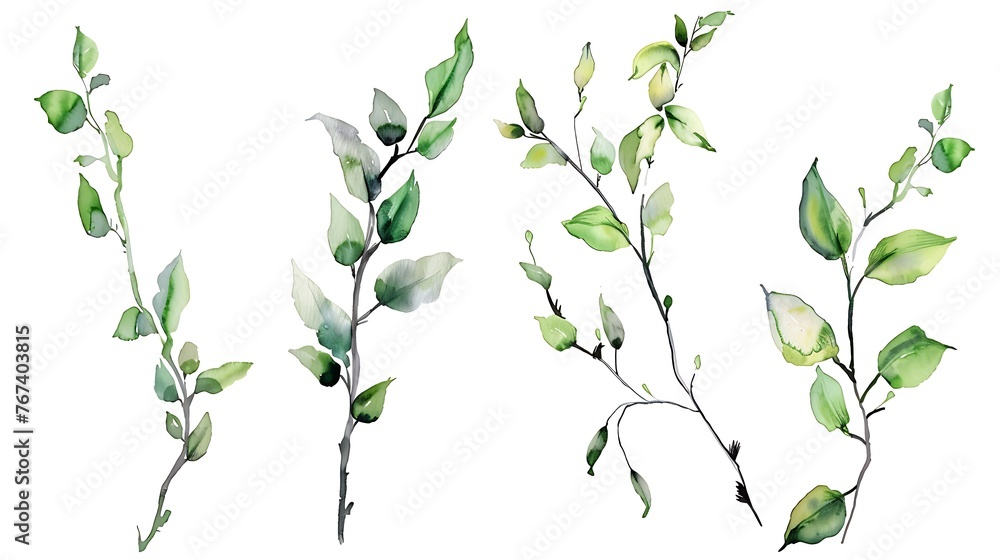 Watercolor hand painted botanical spring DIY leaves and branches illustration clipart isolated on white background. Isolated objects for wedding invitations and greeting cards. Generative Ai - obrazy, fototapety, plakaty 