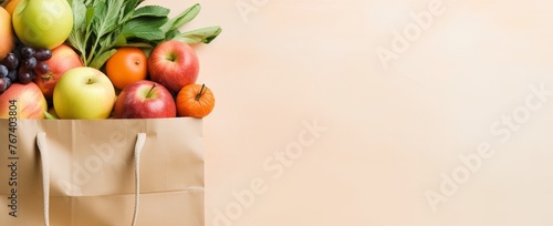 Organic fruits and vegetables in grocery paper bag on different backgrounds. Flat Lay. Space for text. Lifestyle. Farming. For banners, posters, ads, wallpapers, blogs