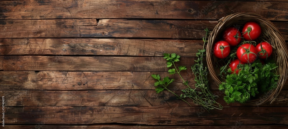 Organic vegetables and herbs in wicker basket on neutral background, with space for text. Lifestyle. Farming. For poster banners, web, ads, backgrounds, wallpapers Organic vegetables and herbs in wicker basket on neutral background, with space for text. Lifestyle. Farming. For poster banners, web, ads, backgrounds, wallpapers