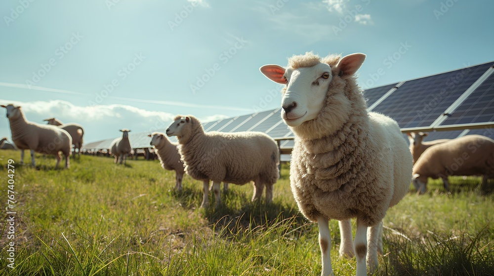 Sheep grazing on grass underneath raised solar panels on a solar farm. generative AI Sheep grazing on grass underneath raised solar panels on a solar farm. generative AI