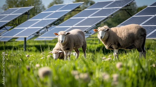 Sheep grazing on grass underneath raised solar panels on a solar farm. generative AI