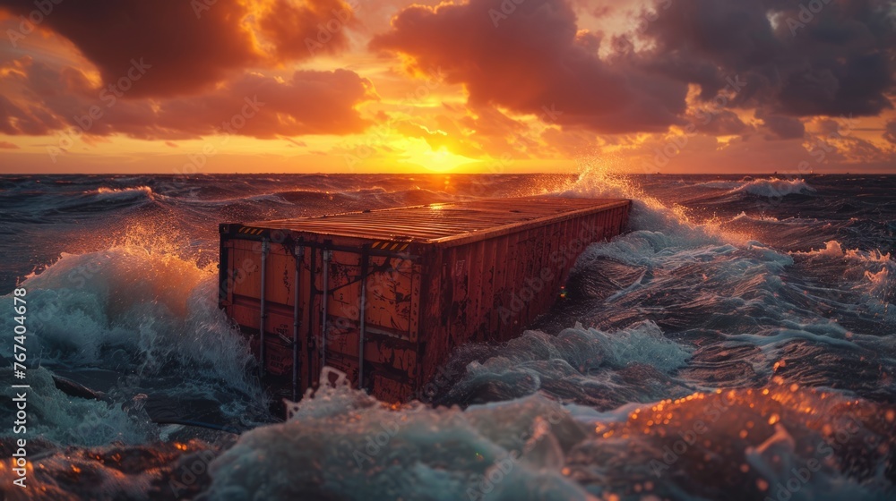  floating cargo containers from logistic cargo ship with wave after big storm. - obrazy, fototapety, plakaty 