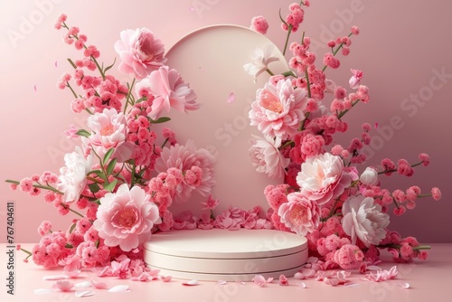 Springtime Splendor Pastel Pink Podium Amidst Blooming Flowers and Gentle Light