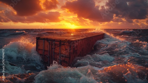  floating cargo containers from logistic cargo ship with wave after big storm.