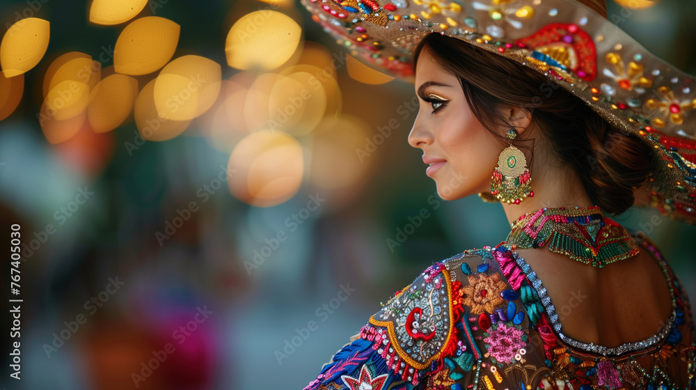 Cinco de Mayo. Elegant Mexican woman in traditional costume with festive bokeh lights