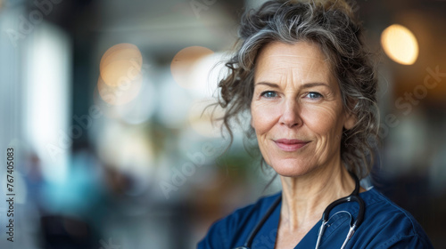 A woman in a blue scrubs is smiling for the camera. She is a nurse and is wearing a blue uniform. Portrait of mature female nurse working in hospital, blur background