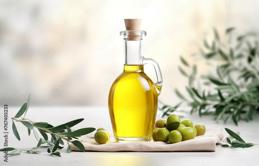 bottle olive oil and olive branches on white wooden table over l bottle olive oil and olive branches on white wooden table over l