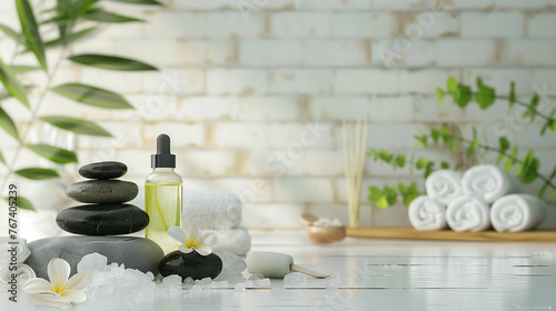 Beauty treatment items for spa procedures, massage stones, essential oils and sea salt