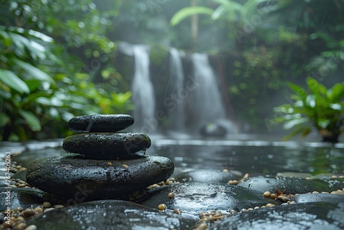 Maintaining stones in a tropical forest. Beautiful scenery. waterfall in the background that is blurry. Beautiful tropical scenery. chosen emphasis. horizontal arrangement. The Tibumana Waterwall. photo